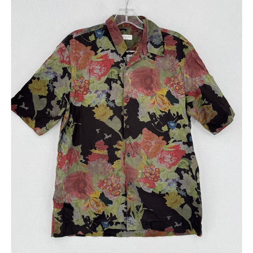 Dries Van Noten Mens Black Floral Woven Cotton Short Sleeve Button Shirt Sz 48